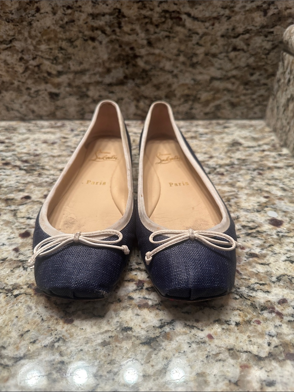 Christian Louboutin Navy Blue Ballet Flats with Beige Trim